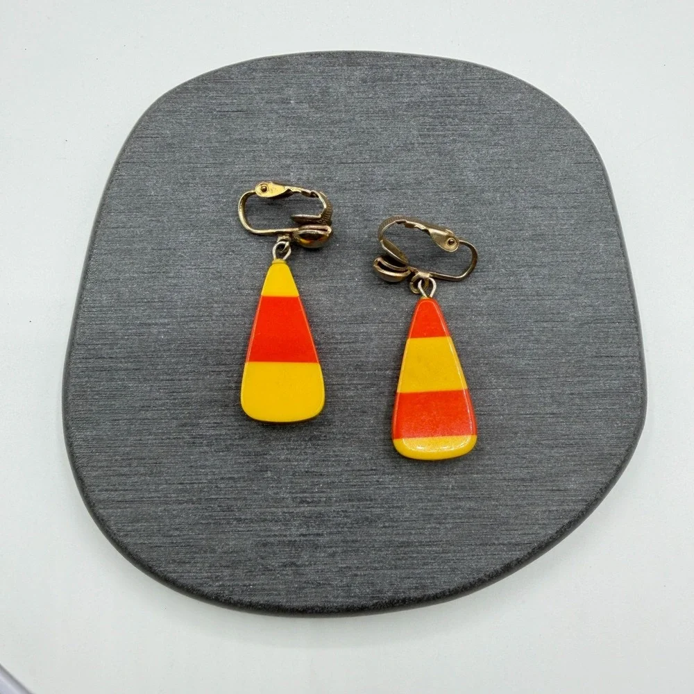 Orange Yellow Striped Drop Earrings Clip On Mod Retro Geometric Dangle 1970s